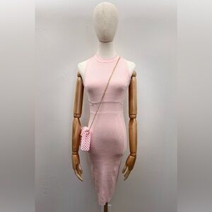 Guess Ribbed Knit Midi Dress Pink Women XS Rayon Viscose